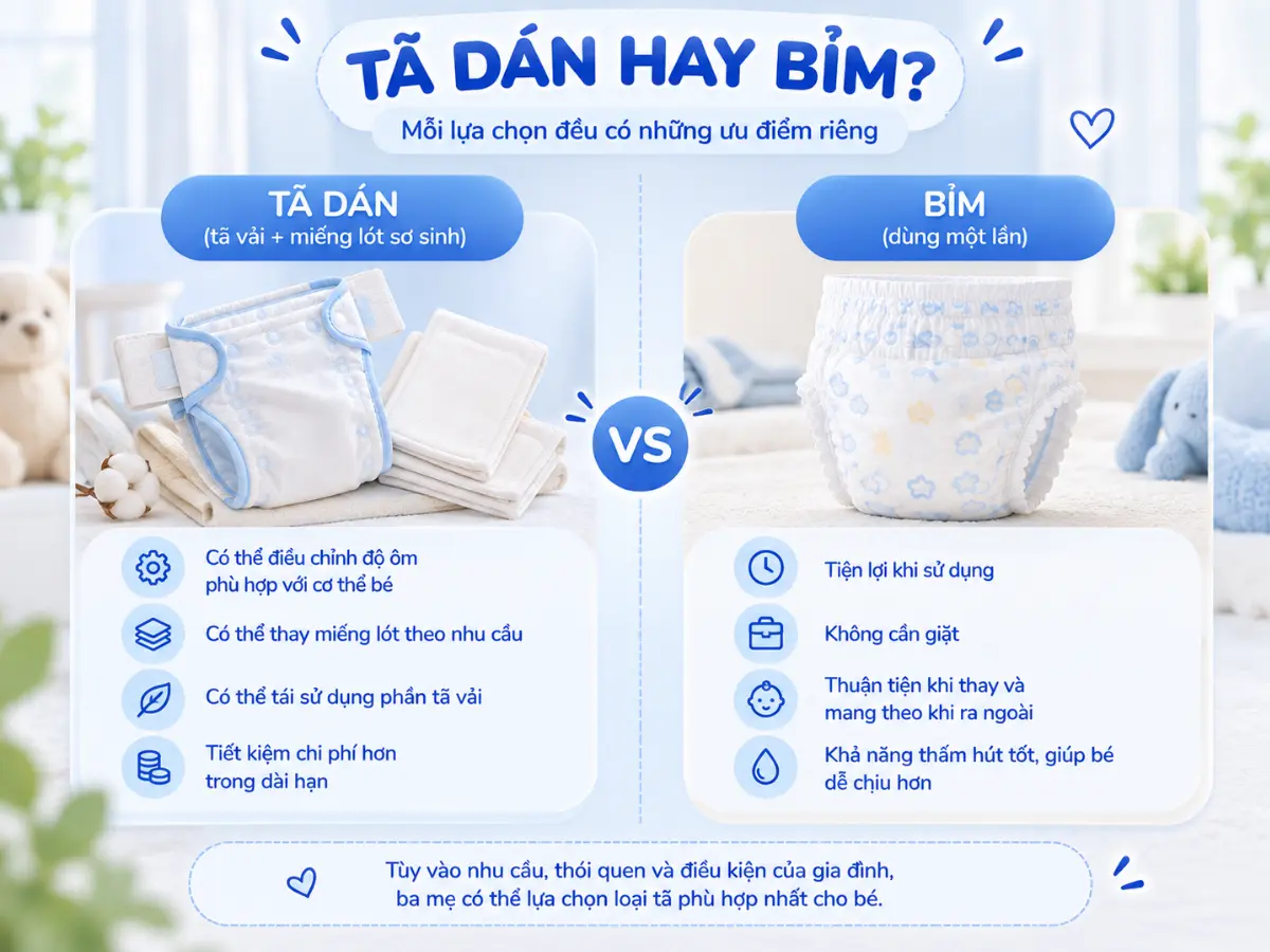 Nên dùng tã dán hay bỉm cho trẻ sơ sinh